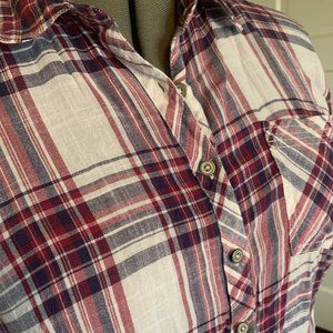 Maurices Thin Cotton Blend Burgundy Plum Plaid Long Sleeve Button Up, size L